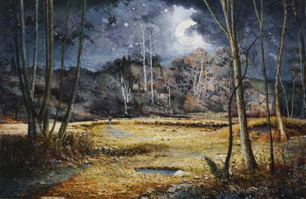 Robert Bates Moon rising over a cornfield Watercolour 4.8 x 9 cm