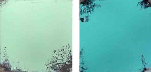 Bridget O'Rourke Green blue-green Oil on canvas, diptych Each 10 x 10 cm
