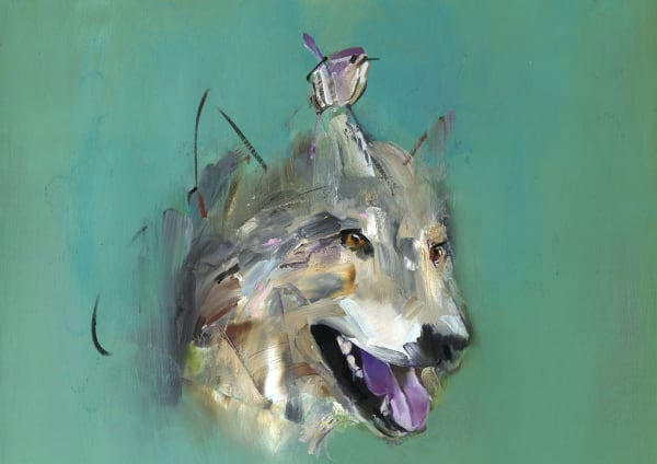 Gabhann Dunne Wren and wolf Oil on gesso panel 24 x 30 cm