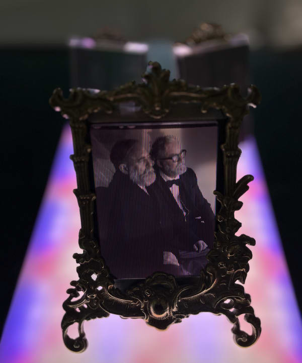 Alan Phelan Lumière Bros Modified card table, antique bevelled glass and brass frames, Joly screen photographs, LED panel(s), electrics