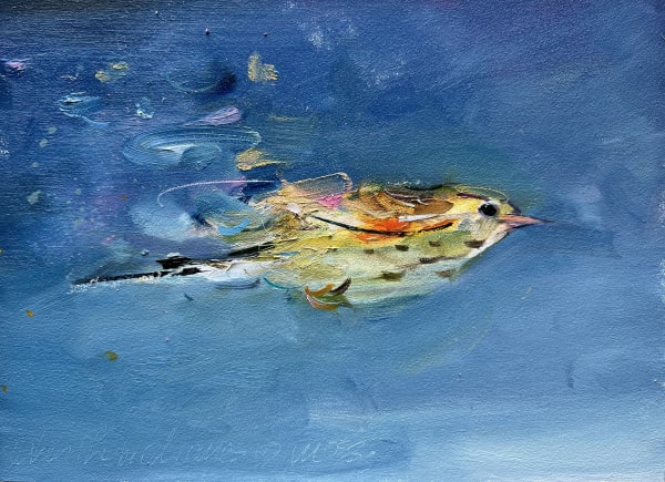 Gabhann Dunne When the bird comes to moss Oil on gesso panel 13 x 18cm