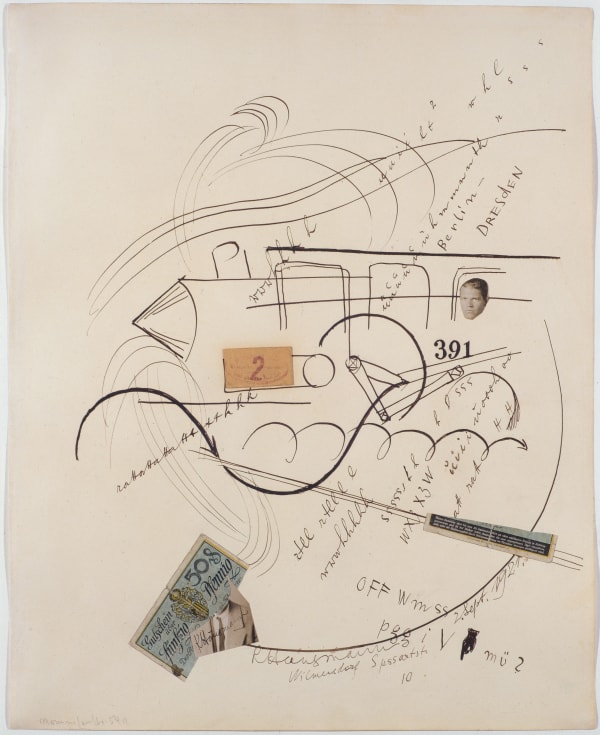 raoul hausman, 391 berlin -dresden, 1921, collage et dessin à l'encre de chine sur papier, 43 x 35 cm