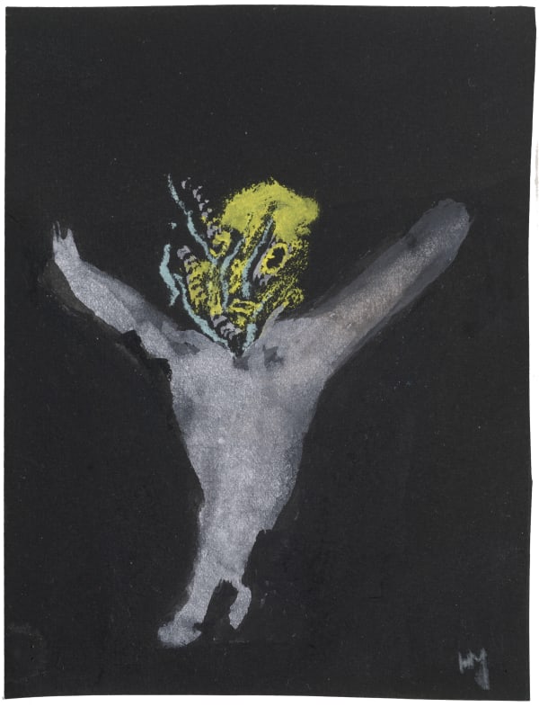 Henri Michaux Sans titre, 1938-1939 monogrammé en bas à droite et annoté au dos 'Hommage de H. MICHAUX' gouache sur papier noir 13 x 10 cm