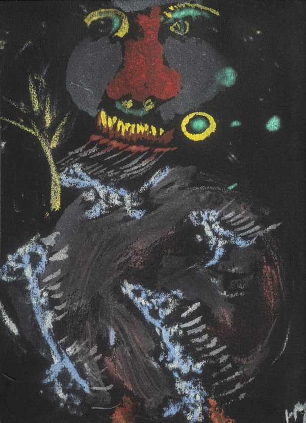 Henri Michaux Sans titre, Circa 1937-1939 Monogrammé en bas à droite Gouache originale sur papier noir 14,5 x 10 cm