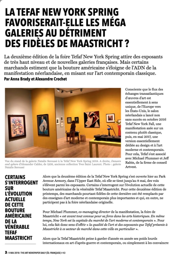 Notre stand à TEFAF New-York Spring en illustration d'un article de The Art Newspaper