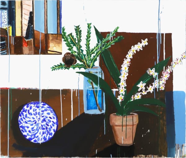 Sally Anderson on-going orchid, birth plant, EV's linen cupboard, 2024 acrylic on canvas 102 x 122.5 cm