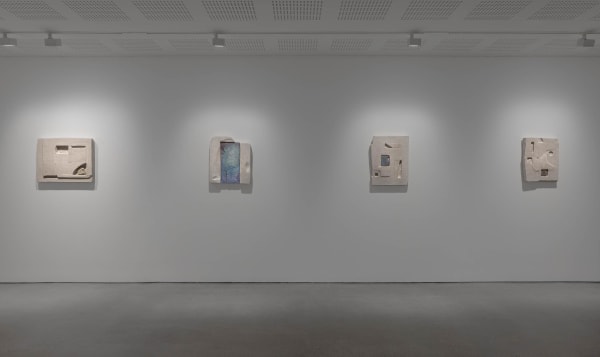 Mason Kimber, Strata (Dwelling) 2021, Elevation 2025, Strata (Blue) 2021, and Strata (Patina) 2021. Installation view, ‘Mason Kimber: A Caressing Gaze’, UNSW Galleries, 2025. Photograph: Jacquie Manning