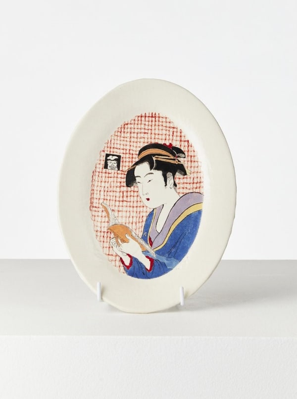 Casey Chen Lady Reading A Book, 2020 glazed stoneware, underglaze & enamels 28 x 20.5 x 1.5 cm