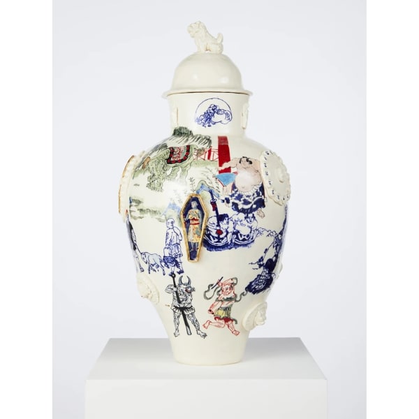 Casey Chen Homage To Grayson Perry, 2020 glazed stoneware, enamels & lustre 55 x 30 x 30 cm