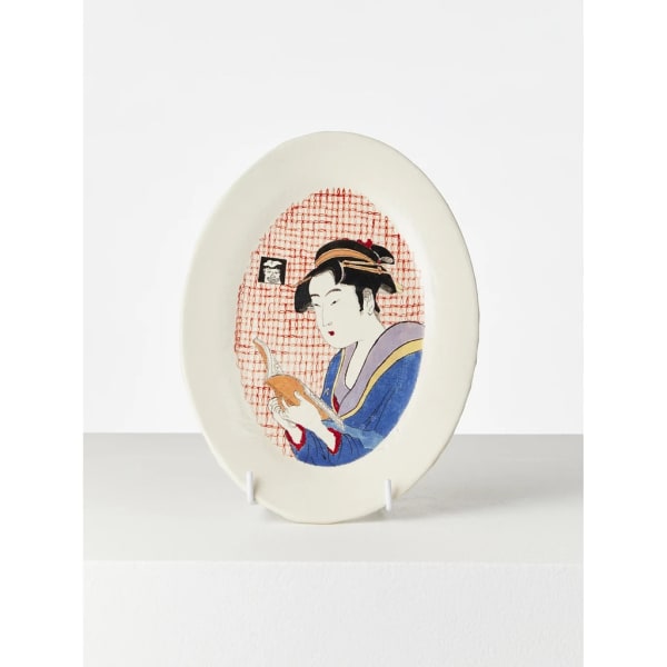 Casey Chen Lady Reading A Book, 2020 glazed stoneware, underglaze & enamels 28 x 20.5 x 1.5 cm