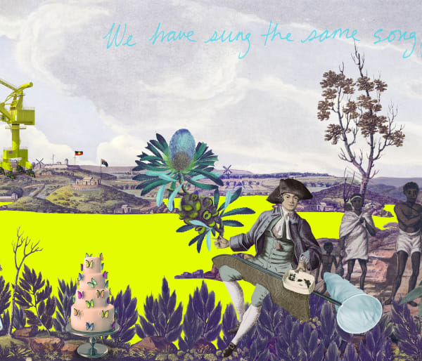 Joan Ross We have sung the same song for millions of years, 2020 mural hoarding at the Art Gallery of NSW 20m long Commissioned by the Art Gallery of NSW for Sydney Modern project