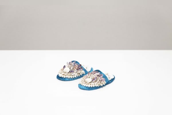 Marilyn Russell Slippers, 2025 shells, velvet, glitter, glue, paper, plywood 13 x 7 cm each
