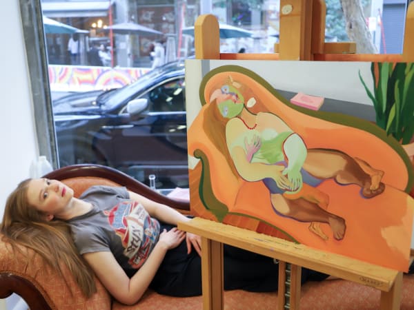 Bri Lee poses, in the final stages of the collaborative portrait with Walsh, re-imagining the work of Picasso.