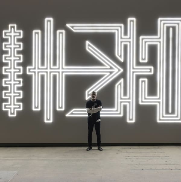 Darrell Sibosado at White Bay Power Station with ‘Galalan at Gumiri’, 2023. Photo: Daniel Boud.