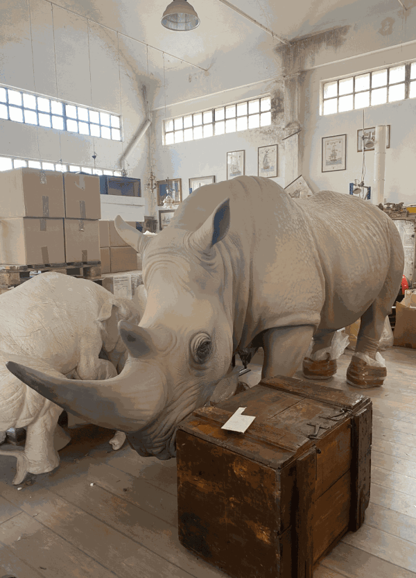 The rhino from Il Peso del Tempo Sospeso at the artist's studio of Stefano Bombardieri
