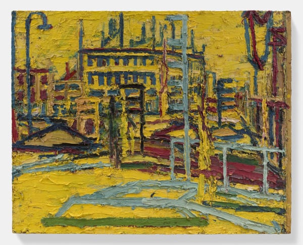 Frank Auerbach, Mornington Crescent with the Statue of Sickert's Father-In-Law III, Summer Morning, 1966, oil on board, 121.3 x 152.4 cm, © Frank Auerbach, courtesy Frankie Rossi Art Projects