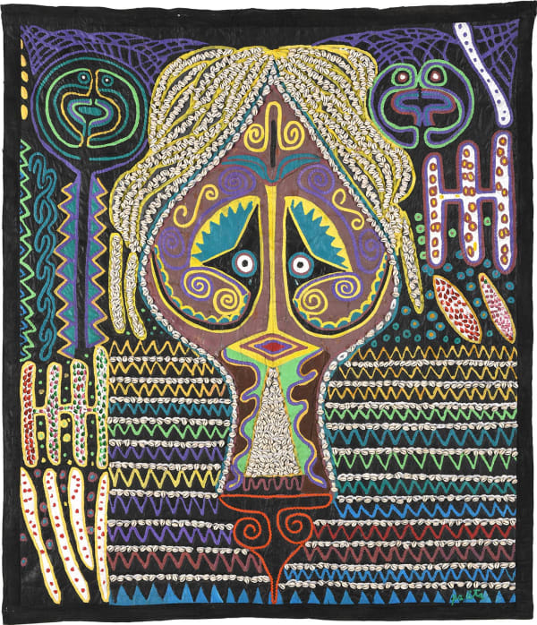 Weeping Woman, 1985 Acrylic, cowrie shells, buttons, glass beads, rick rack ribbons stitched on padded canvas 82 x 72 in 208 x 183 cm