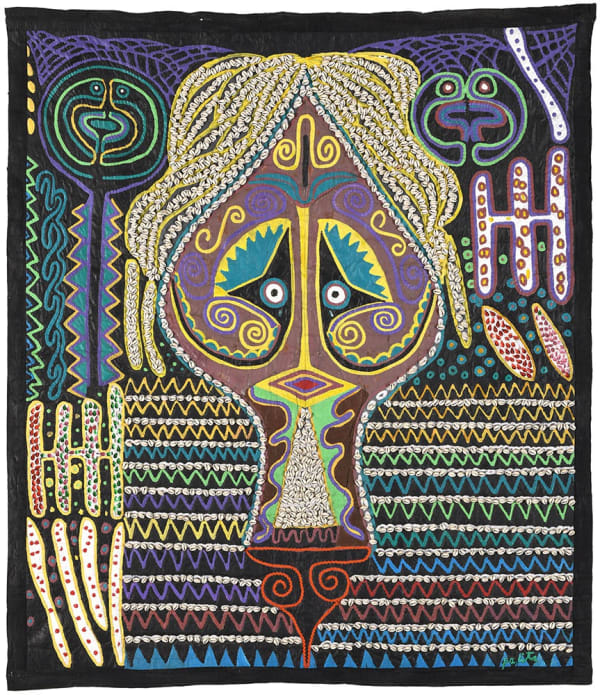 Weeping Woman, 1985 Acrylic, cowrie shells, buttons, glass beads, rick rack ribbons stitched on padded canvas 82 x 72 in 208 x 183 cm