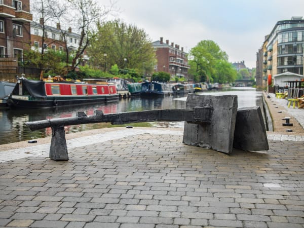 Installation view of Geoffrey Clarke's Battersea II, Pangolin London's Sculpture Trail.
