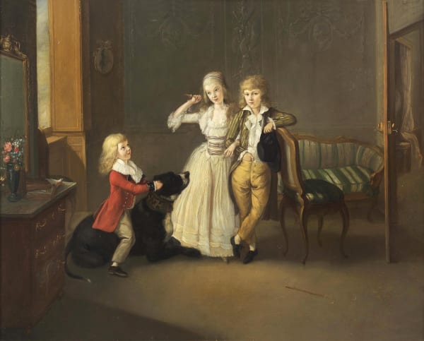 Three children with a dog in an interior