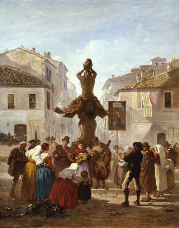 Armand Hubert Simon LELEUX, Musicians in piazza Barberini, Rome, 1862