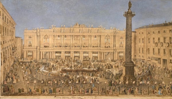 Piazza Colonna in Rome with the palace of Cardinal De Solis (Palazzo Piombino) Festively Decorated