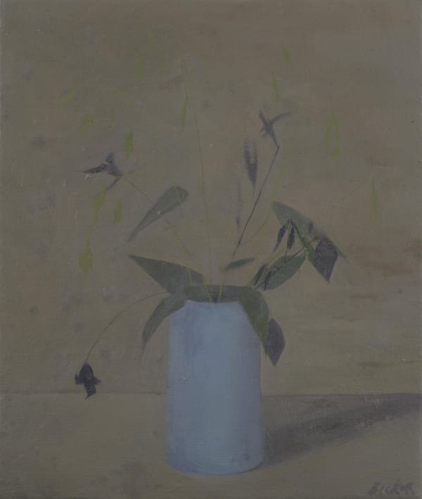 clematis and grass in blue tin, 2023 oil on canvas 14 x 12 inches £3,000