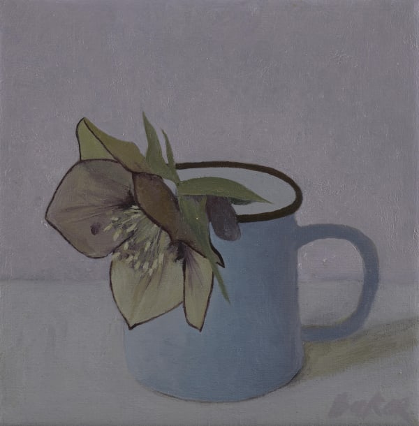 hellebores in blue tin cup, 2023 oil on canvas 6 1/2 x 6 1/2 inches £1,950