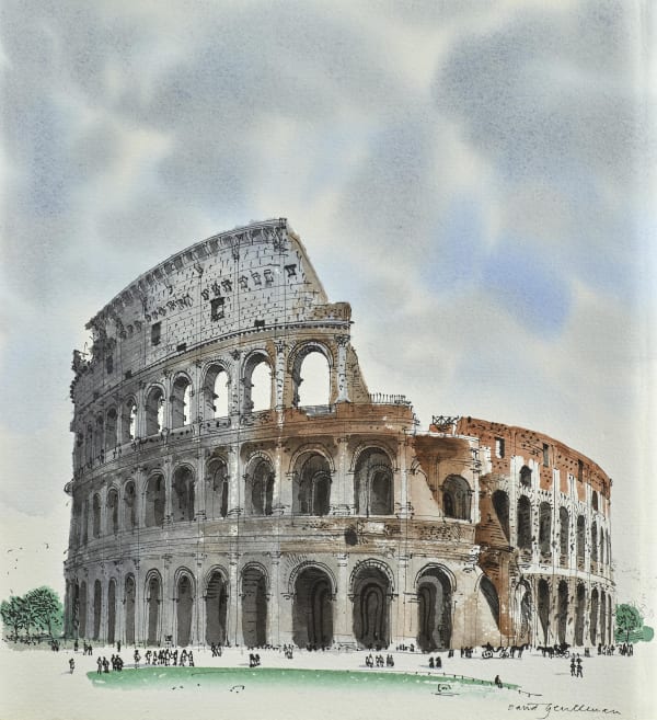 David Gentleman Colosseum, Rome, 1996 Watercolour on paper 11 1/2 x 10 1/2 inches (29.2 x 26.7 cm) A study for the cover of 'David Gentleman's Italy' (1997) £4,000