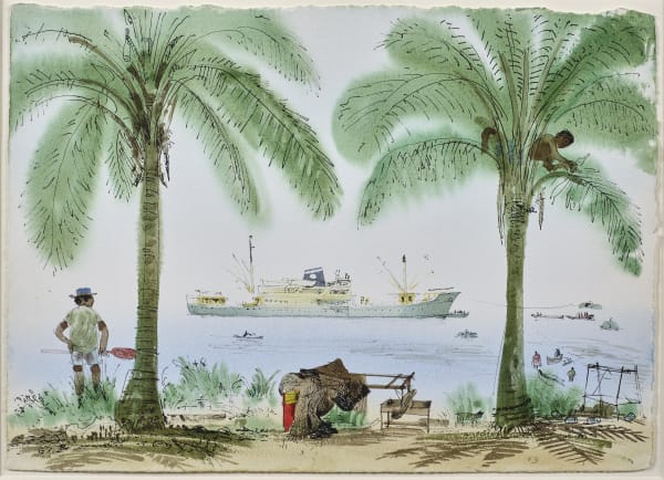 David Gentleman, Nauru: Phosphate freighter and palm trees, 1976