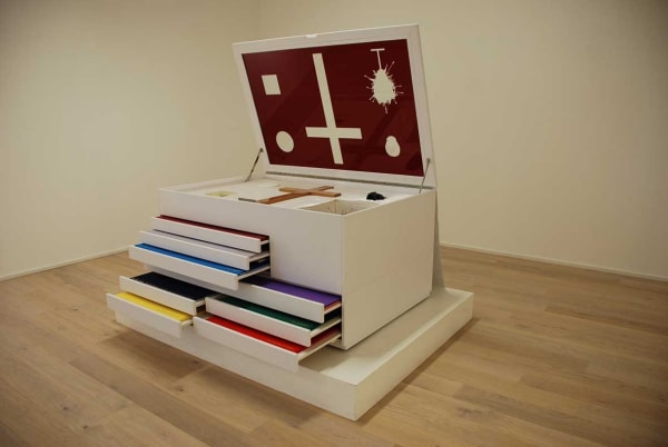 DAMIEN HIRST New Religion New Religion Leather, mdf, glass, silk and gold blocking Edition of 13 79 x 110 x 160 cm 2005 , Arial, sans-serif; line-height: normal;">