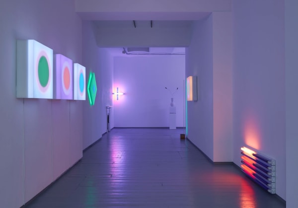 Installation view of Brian Eno/Dan Flavin at the Paul Stolper Gallery, London