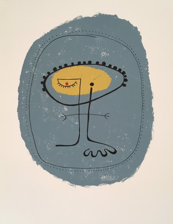 Abstract art piece featuring a simplistic, whimsical figure with a large yellow and black semi-circular head, two vertical lines for a body, and a set of unbalanced legs, all contained within a rough blue outline on a white background.