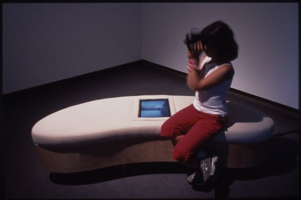 Alexandre Castonguay, Digitale (en collaboration avec Mathieu Bouchard) vue d'installation à la galerie Pierre-François Ouellette art contemporain, 2004, écran à cristaux liquides, projecteur, ordinateur, caméra et ordinateur integré à un banc conçu par l`artiste, édition de 2