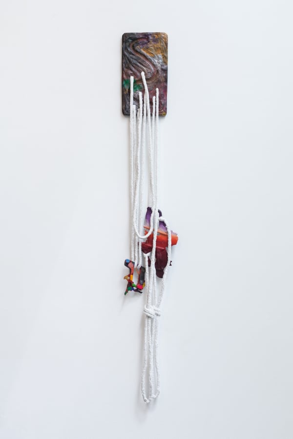 Katy Cowan, (this rest) Variation (2018). Oil and enamel paint, graphite on cast bronze, braided rope, 72 x 10 x...