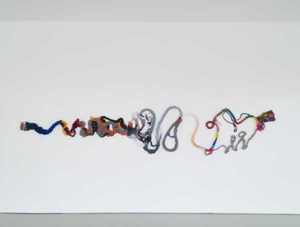 Katy Cowan, (itself; as far) Position (2019). Oil and enamel paint, graphite on cast aluminum, 36 x 170 x 2...