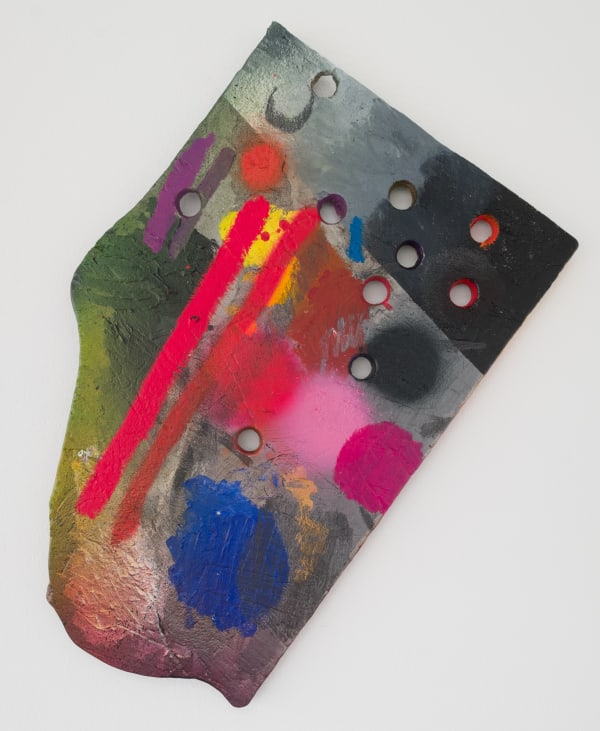 Katy Cowan, night, hole, pallet (2019). Oil and enamel paint, graphite on cast aluminum, 18 x 11 1/4 x 1...