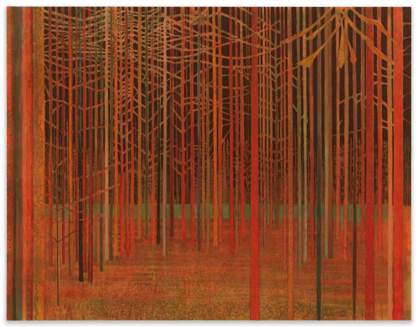 Sky Glabush, "Firelight in pine forest", 2024, Oil and sand on canvas, 84 x 108 in; 213.4 x 274.3 cm
