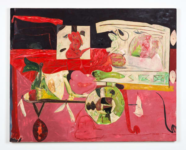 Scott Anderson, Fruitstand (2017). Oil and oil crayon on canvas, 40 x 50 inches. Courtesy of the artist.
