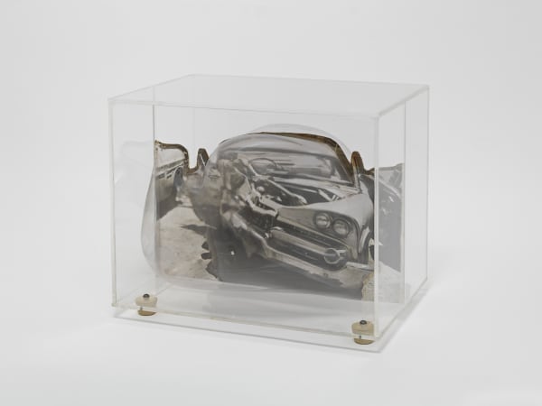 Carl Cheng, Car Wreck Sculpture - Black (1968). Film, molded plastic, plexiglass, 7 5/8 x 91/4 x 6 inches. Courtesy...