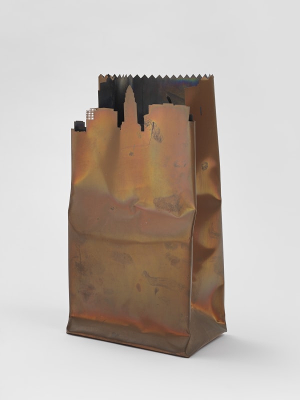 Jerry McMillan, Untilted (L.A. Bag) (1977). Photo etched .007 copper bag construction on Plexiglas base, 11 1/4 x 6 1/2...