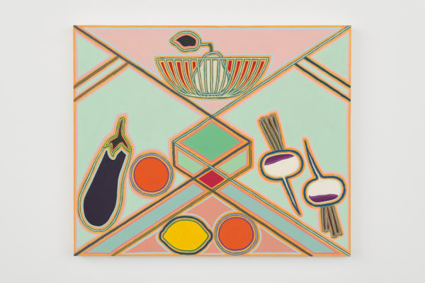 Holly Coulis, One Eggplant, Two Turnips (2019). Oil on linen, 30 x 36 inches.