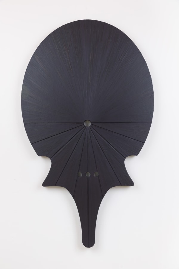 Michael Rey, Vuartte (2019). Oil and encaustic on chipboard, shaped aluminum panel, 48 3/8 x 28 inches.