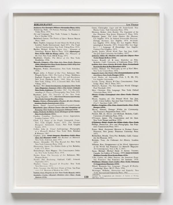 Lew Thomas, BIBLIOGRAPHY 2, 1977 (1978). Gelatin silver print, 26 x 21 3/4 inches. Image courtesy of the artist and...