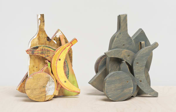 Katy Cowan, "Double Still Life" (2015). Watercolor, gouache, permanent marker, pastels, latex paint, oil stain, and clearcoat on wood, 43...