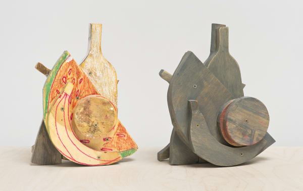 Katy Cowan, "Double Still Life" (2015). Watercolor, gouache, permanent marker, pastels, latex paint, oil stain, and clearcoat on wood, 43...