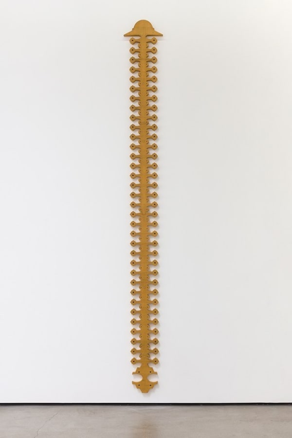 Michael Rey, "Yavy-Yavy" (2020). Bass wood, graphite, and wax, 146 x 16 inches. Photo: Jeff McLane.