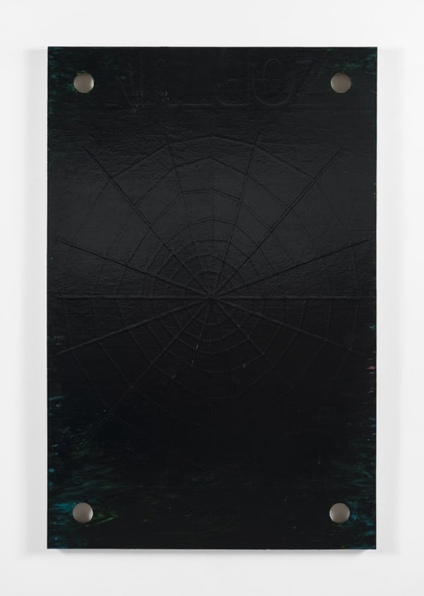 Michael Rey, "ZOPTUN (Astrolopico)" (2020). Oil, tape, and vinyl on panel, 46 x 32 inches. Photo: Jeff McLane.