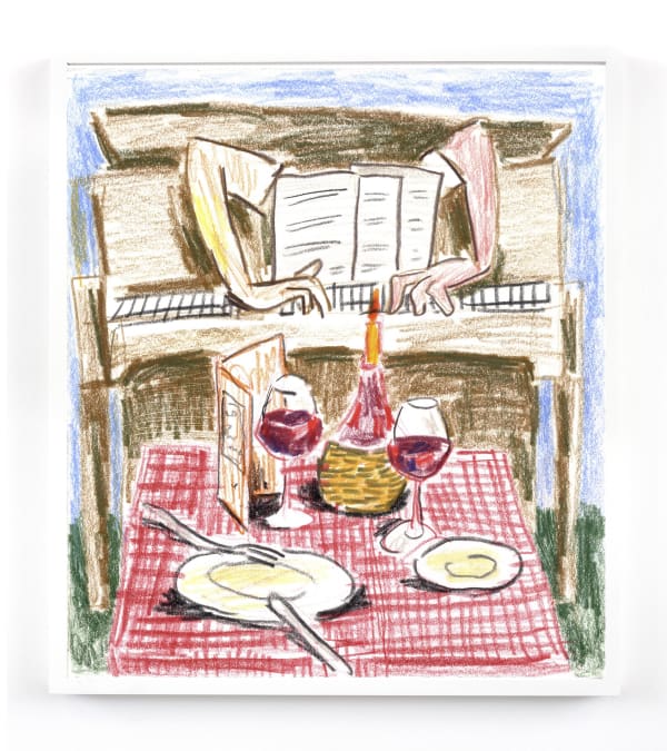 Edgar Bryan, "Dinner at La Pergoletta," (2020). Colored pencil on paper, unframed, 9 7/8 x 8 3/4 inches.