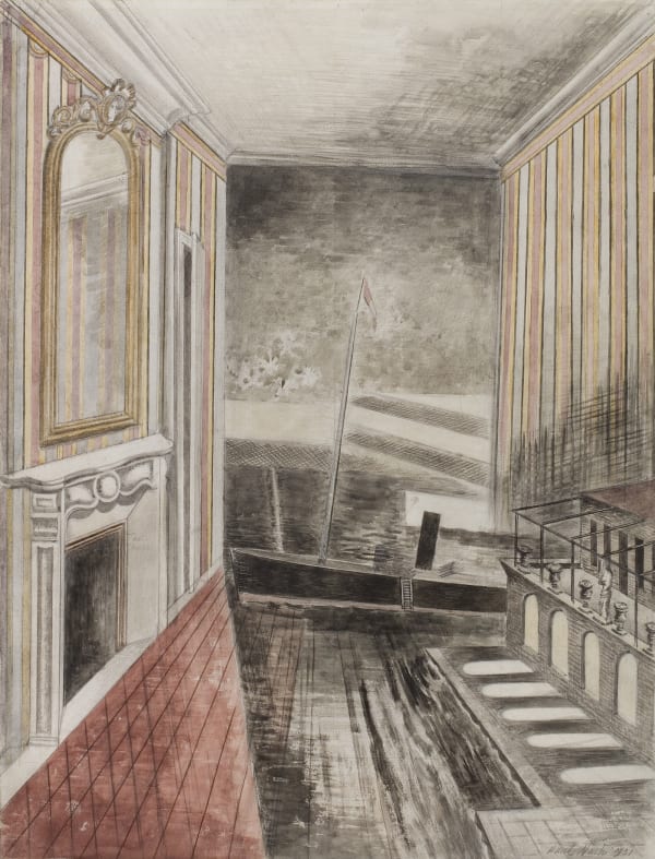 surreal interior watercolour painting by Paul Nash